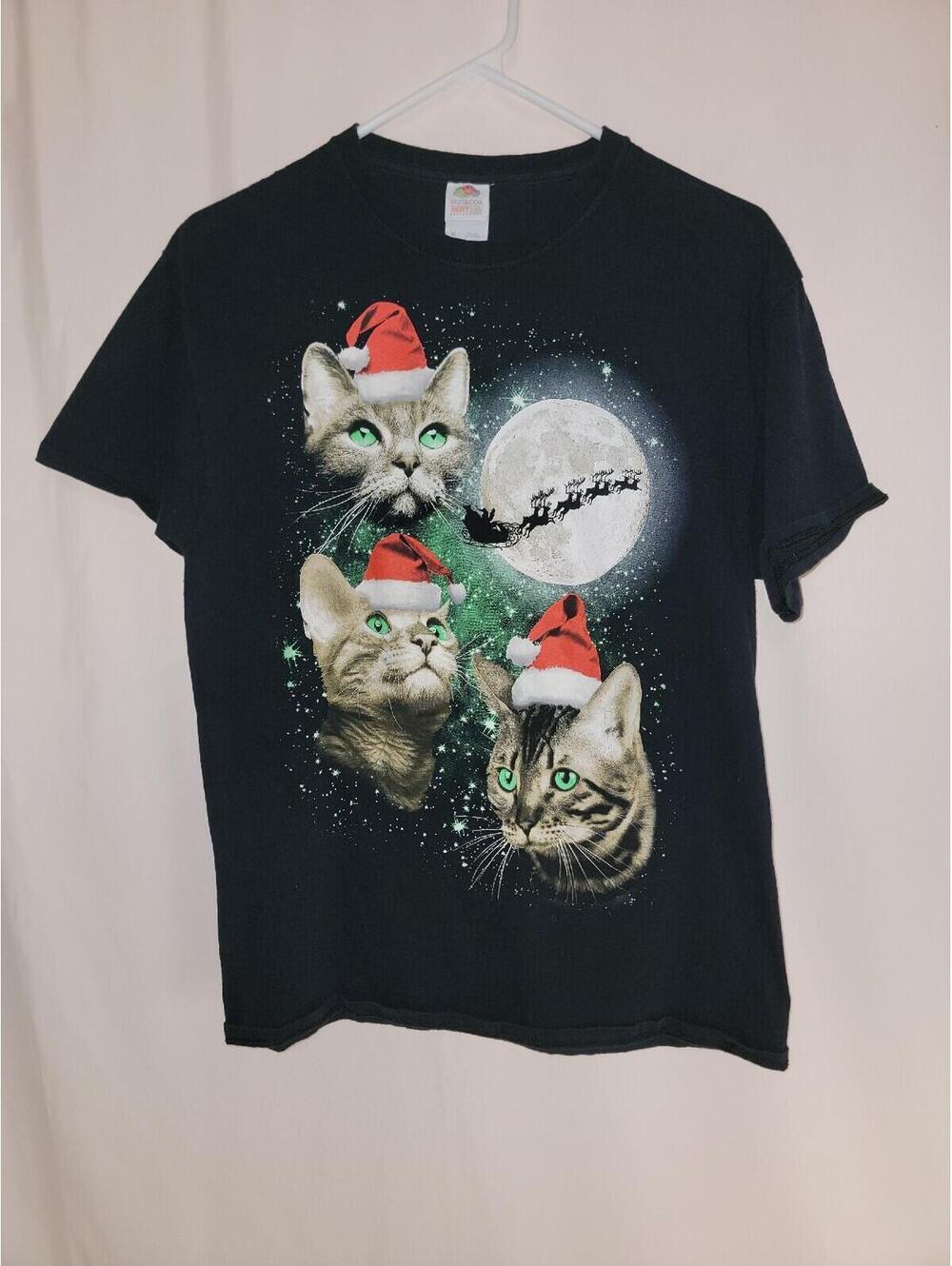 Cutest Little Funny Kitten Cat Santa Claus Kitty Size Medium M Black Shirt Tee